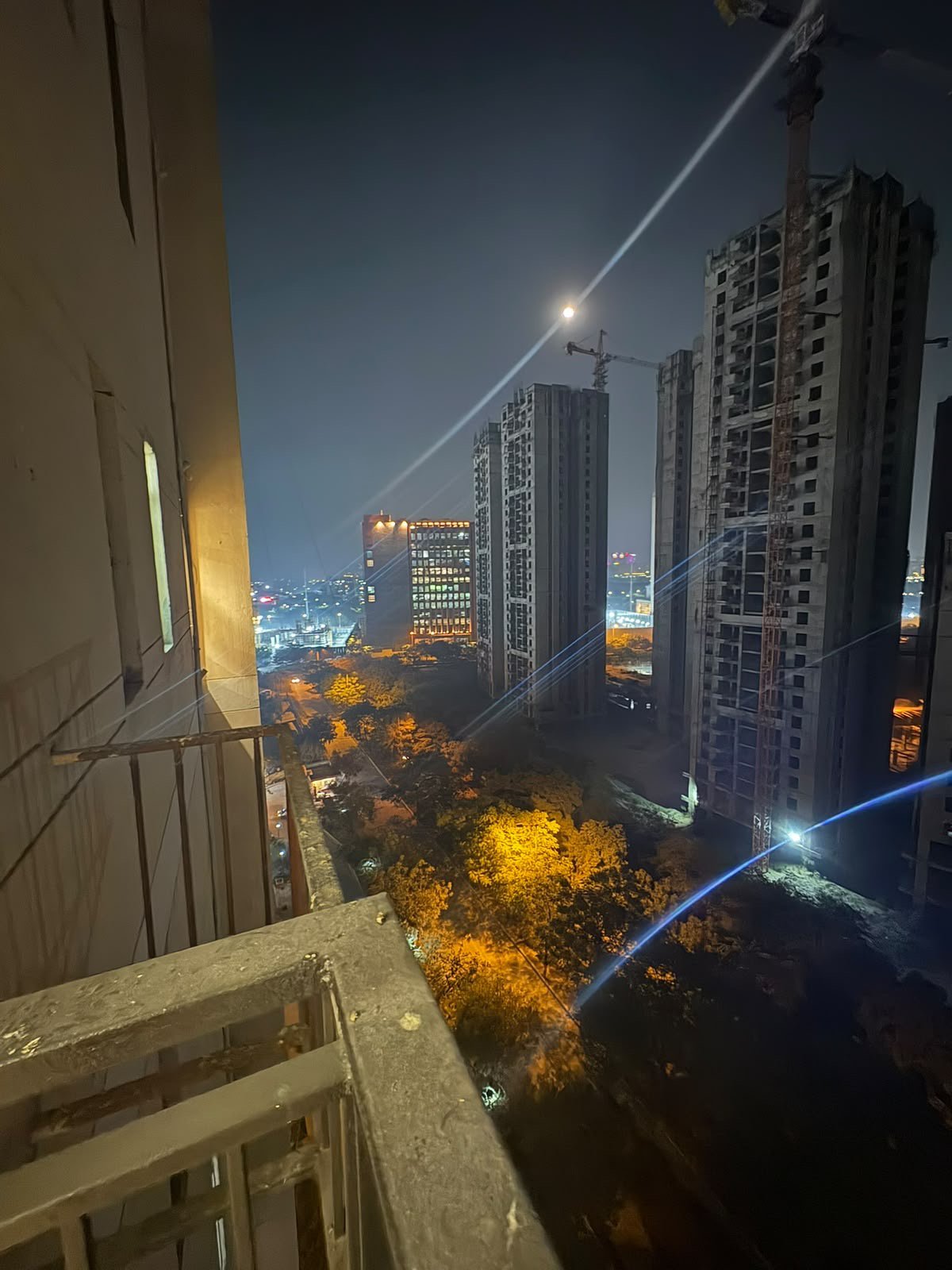 Night skyline view of towers and streetlights