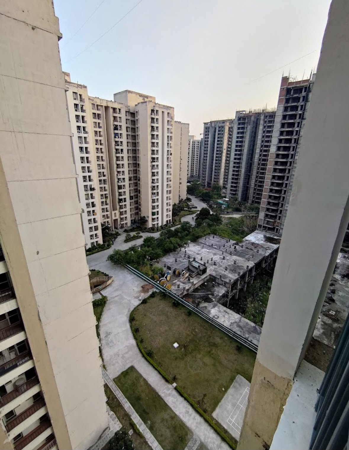 High angle view of towers and lawns
